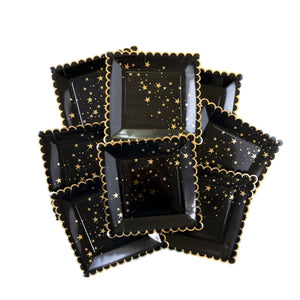 Gold Stars Black Scalloped Square Plate