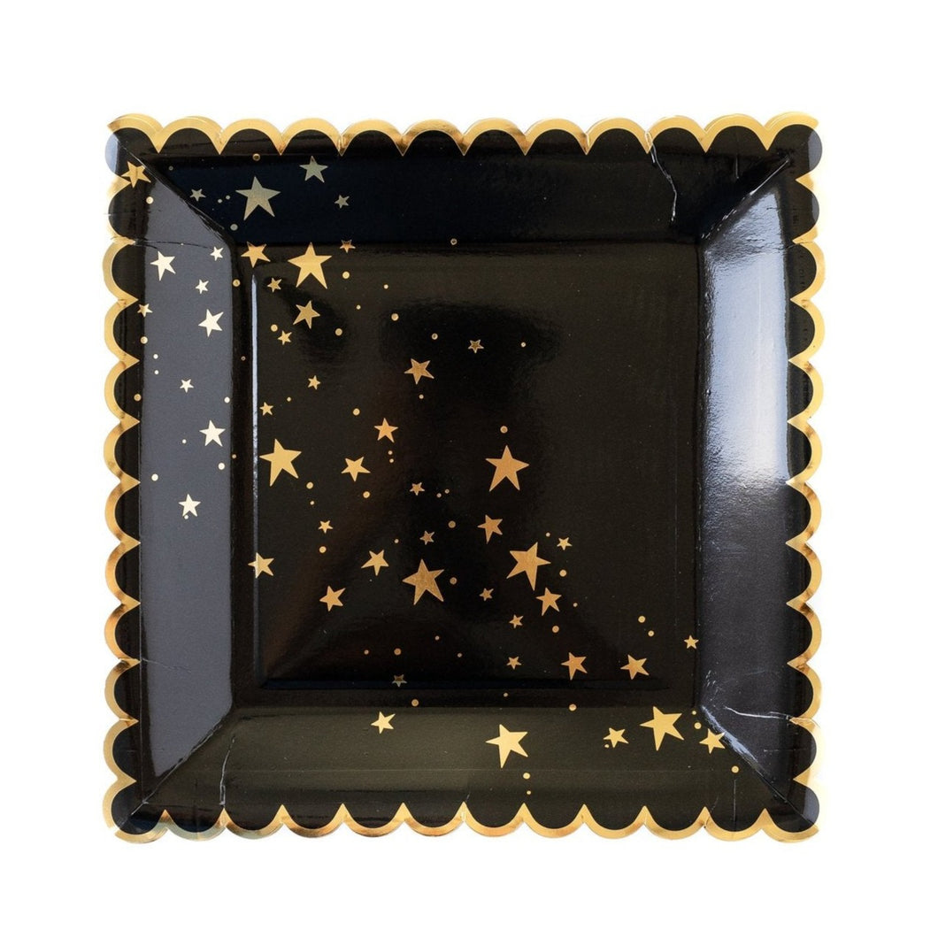 Gold Stars Black Scalloped Square Plate
